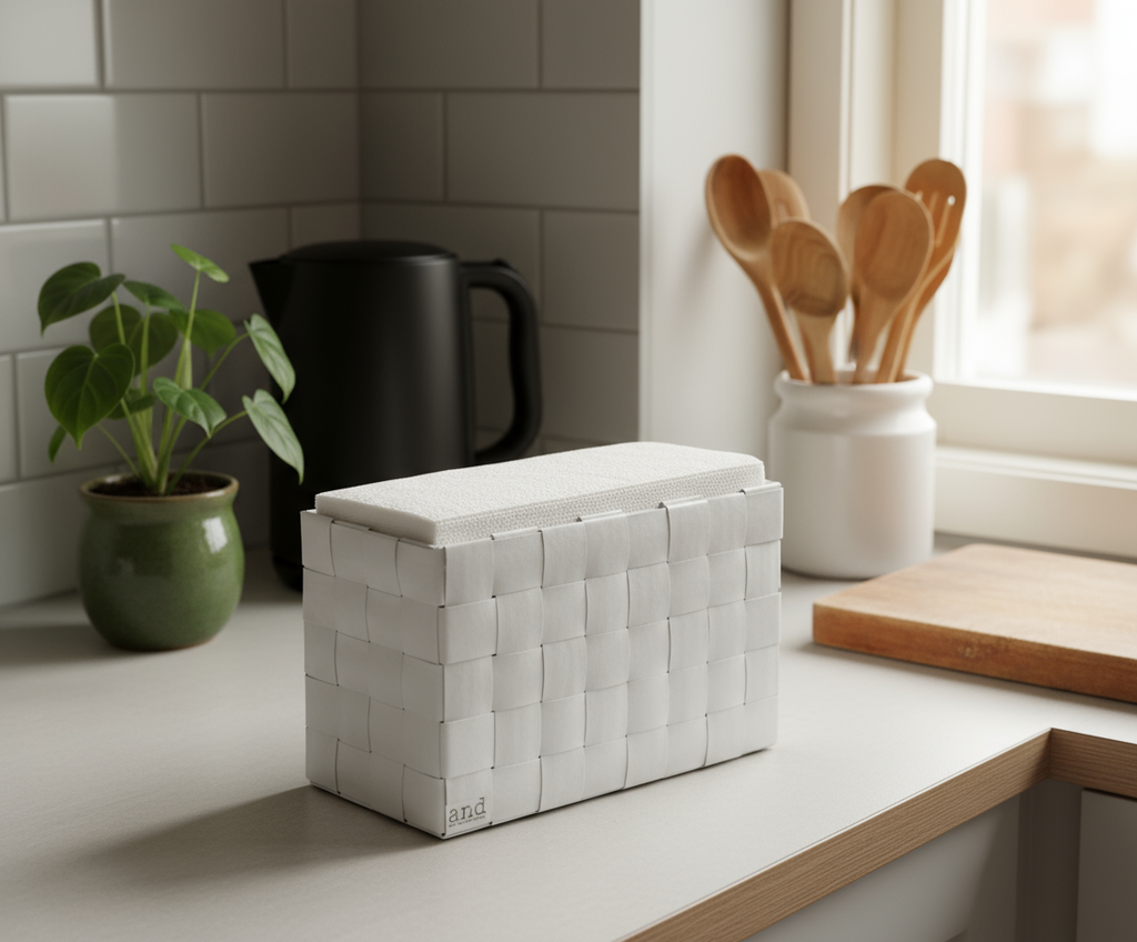 Talousarkkikori keittiön työtasolla logolla - versio 1